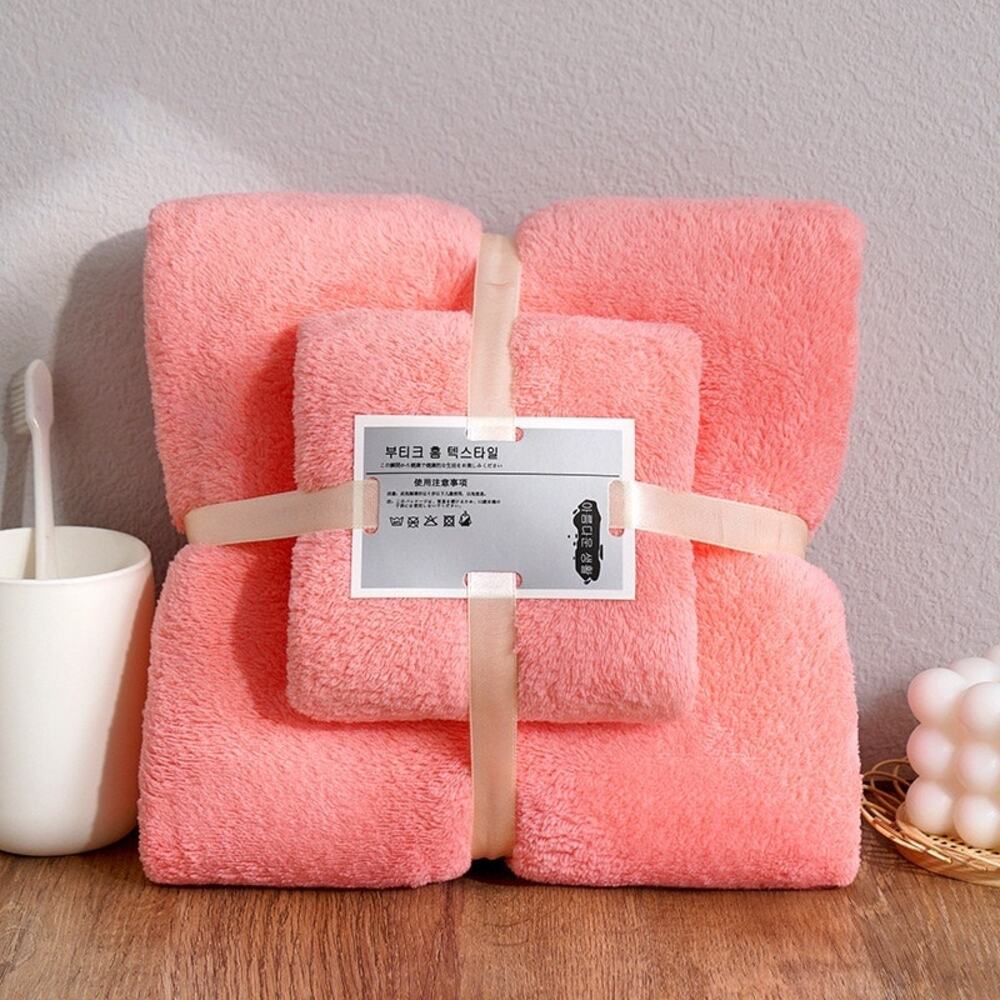 Pink Coral Fleece Bath & Hand Towel Set Plush Ribbed Spa Style Gift Wrapped‎